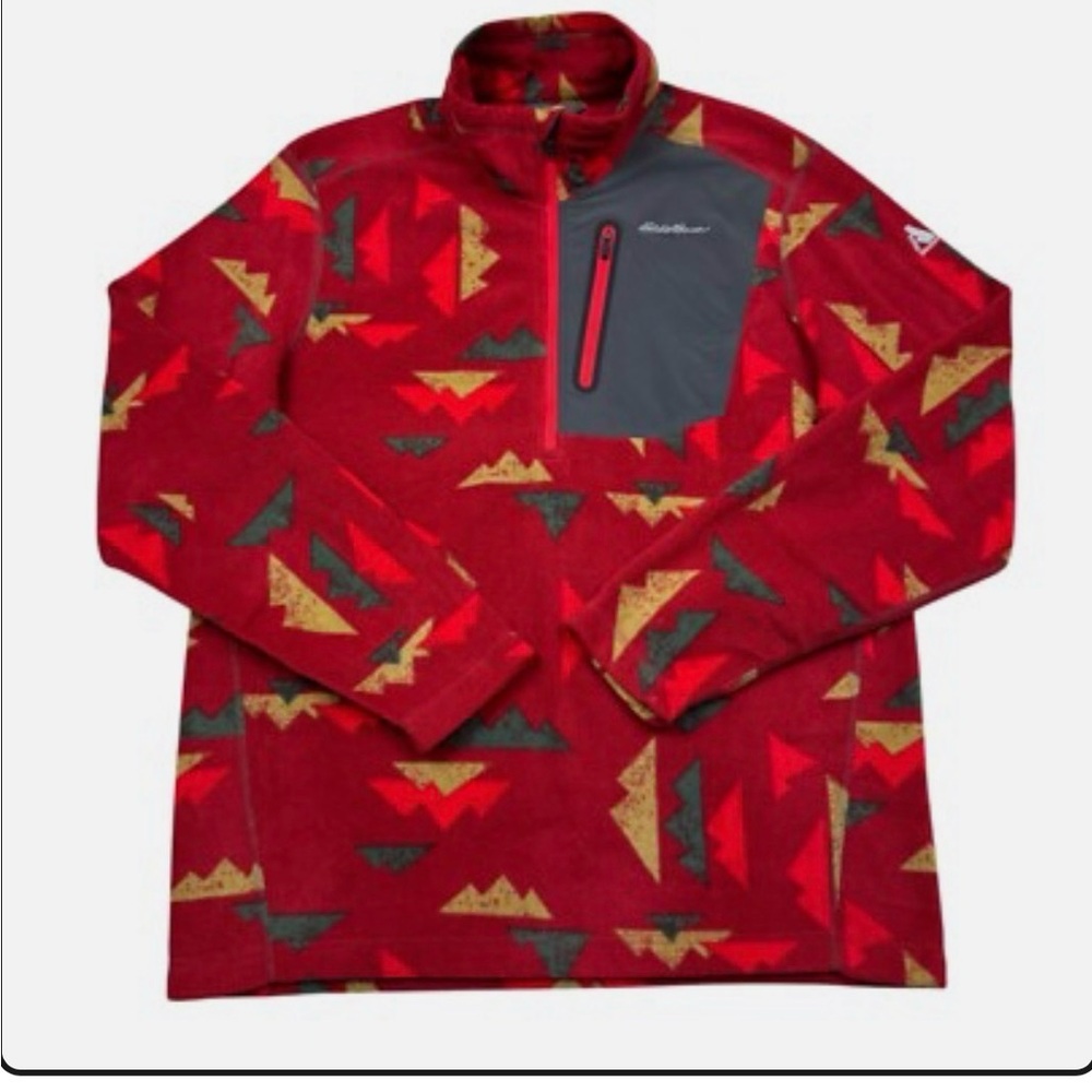 Eddie Bauer Men's Red and Gray Patterned Pullover